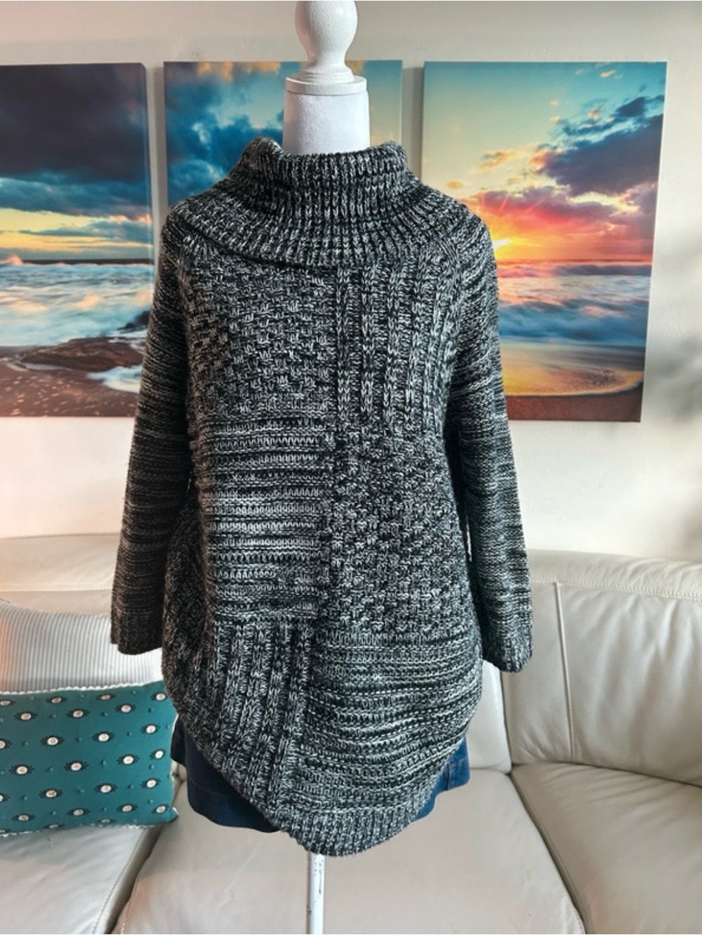 new directions Marled Black & White Cowl Tunic Sweater